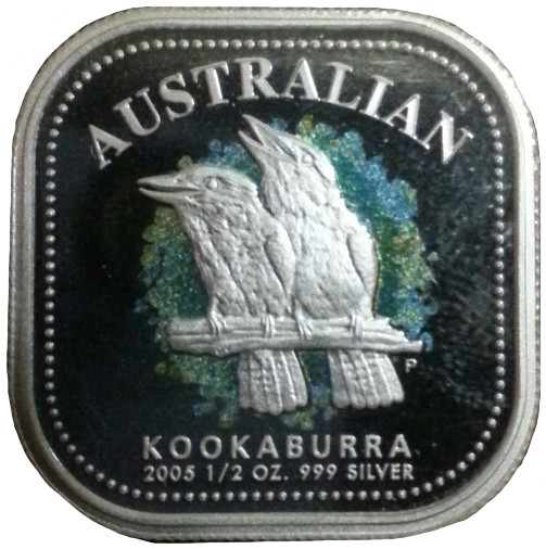 Two Kookaburras on branch coloured background image Lettering: AUSTRALIAN KOOKABURRA 2005 1/2 OZ. 999 SILVER P